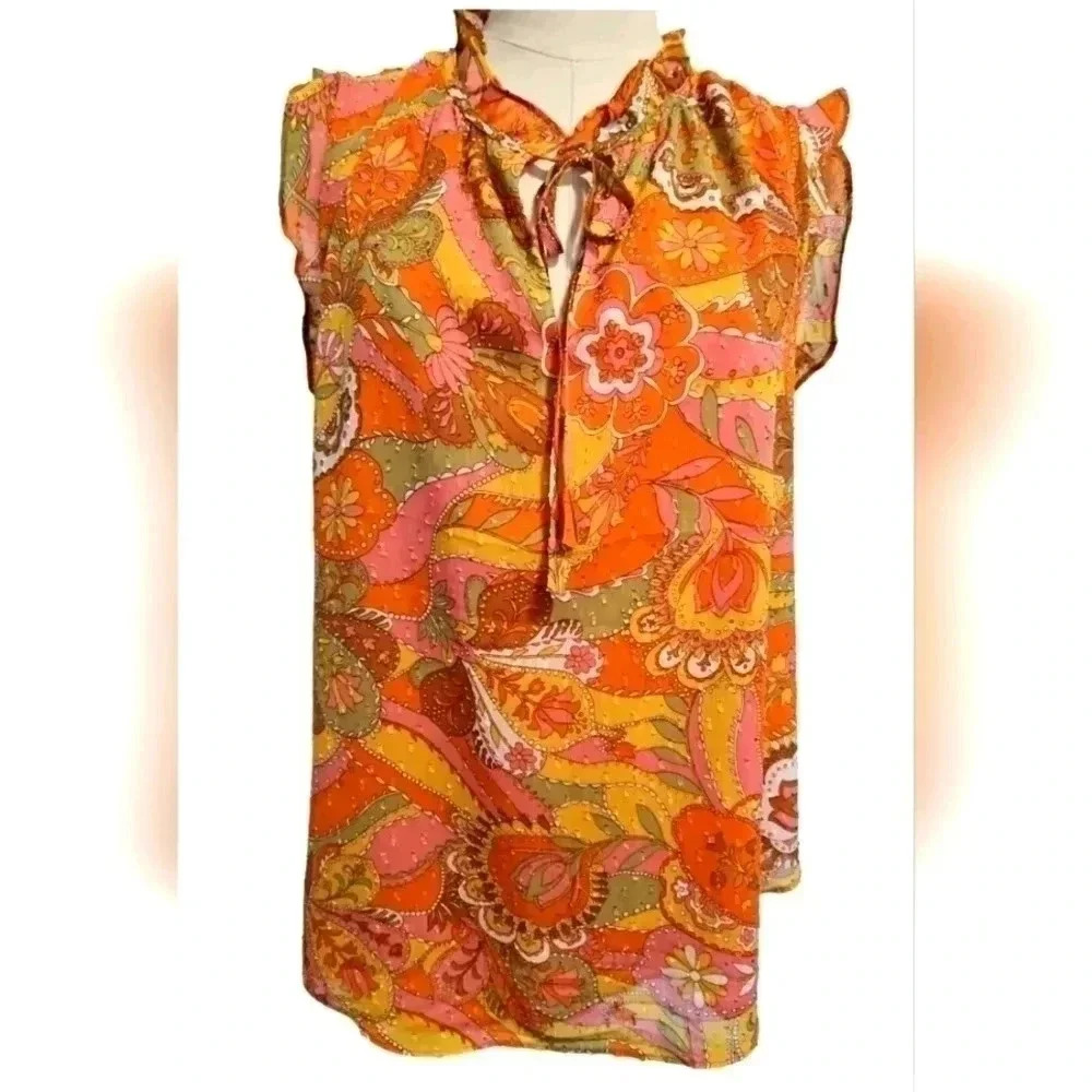 Jones & Co Jones New York Womens Top M Orange Sleeveless Ruffle Neck Blouse